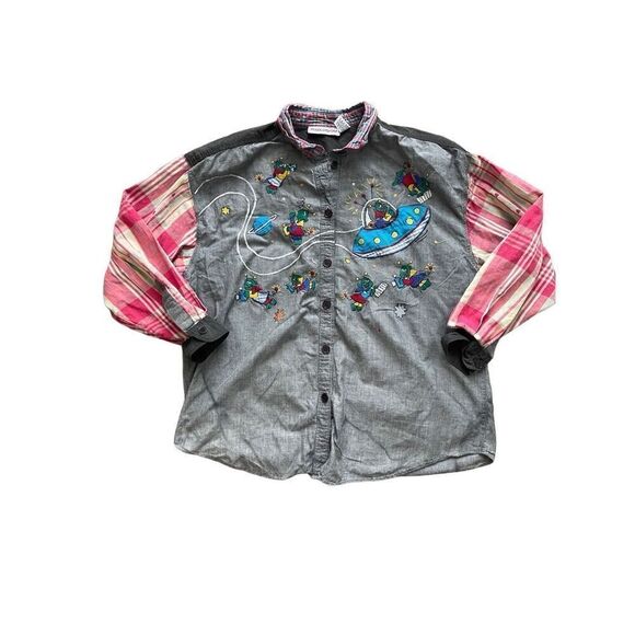 Vintage 80s 90s funky button-down, alien spaceship, long sleeve blouse - Picture 1 of 8